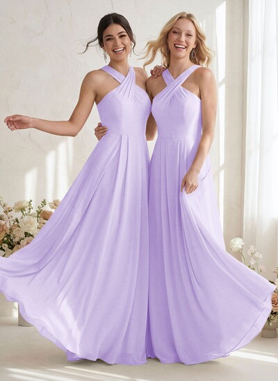 A-Line Halter Sleeveless Floor-Length Chiffon Bridesmaid Dresses
