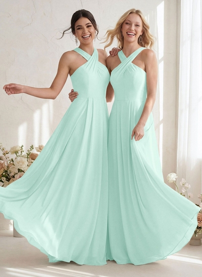 A-Line Halter Sleeveless Floor-Length Chiffon Bridesmaid Dresses