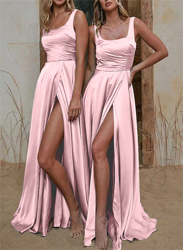 A-Line Square Neckline Silk Like Satin Bridesmaid Dresses With High Split