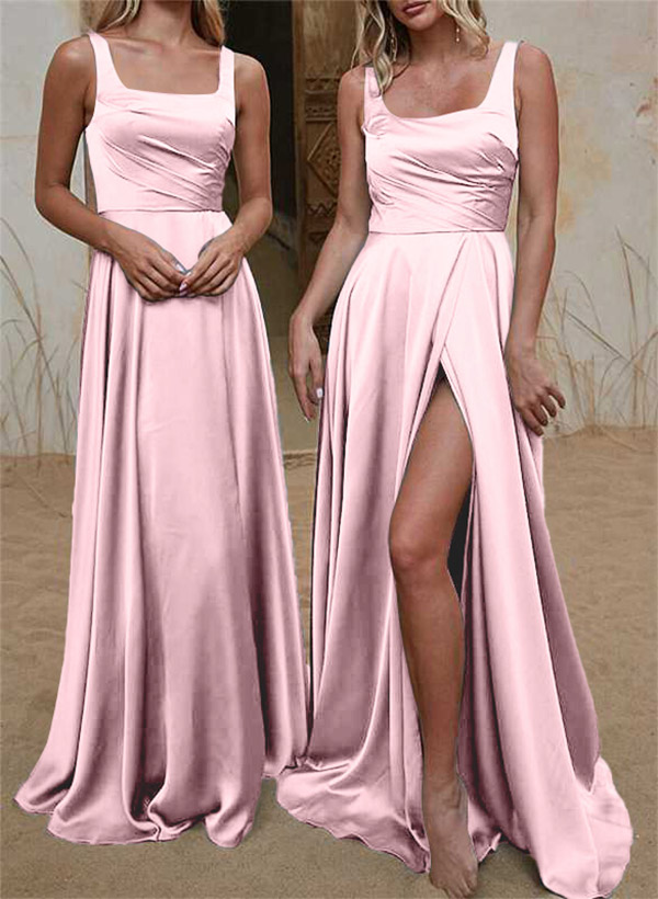 A-Line Square Neckline Silk Like Satin Bridesmaid Dresses With High Split