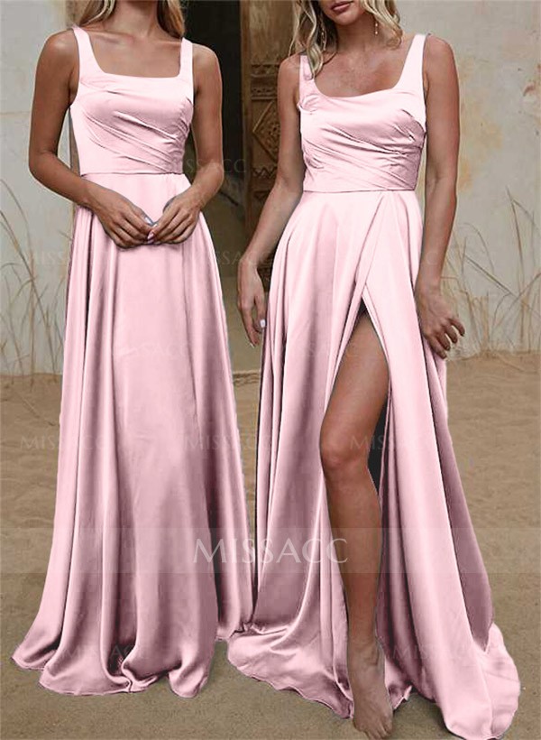 A-Line Square Neckline Silk Like Satin Bridesmaid Dresses With High Split