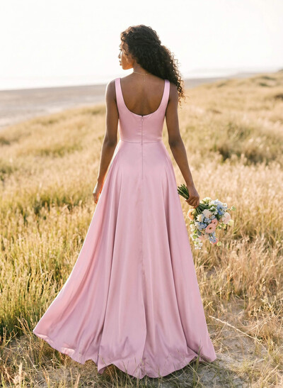 A-Line Square Neckline Silk Like Satin Bridesmaid Dresses With High Split