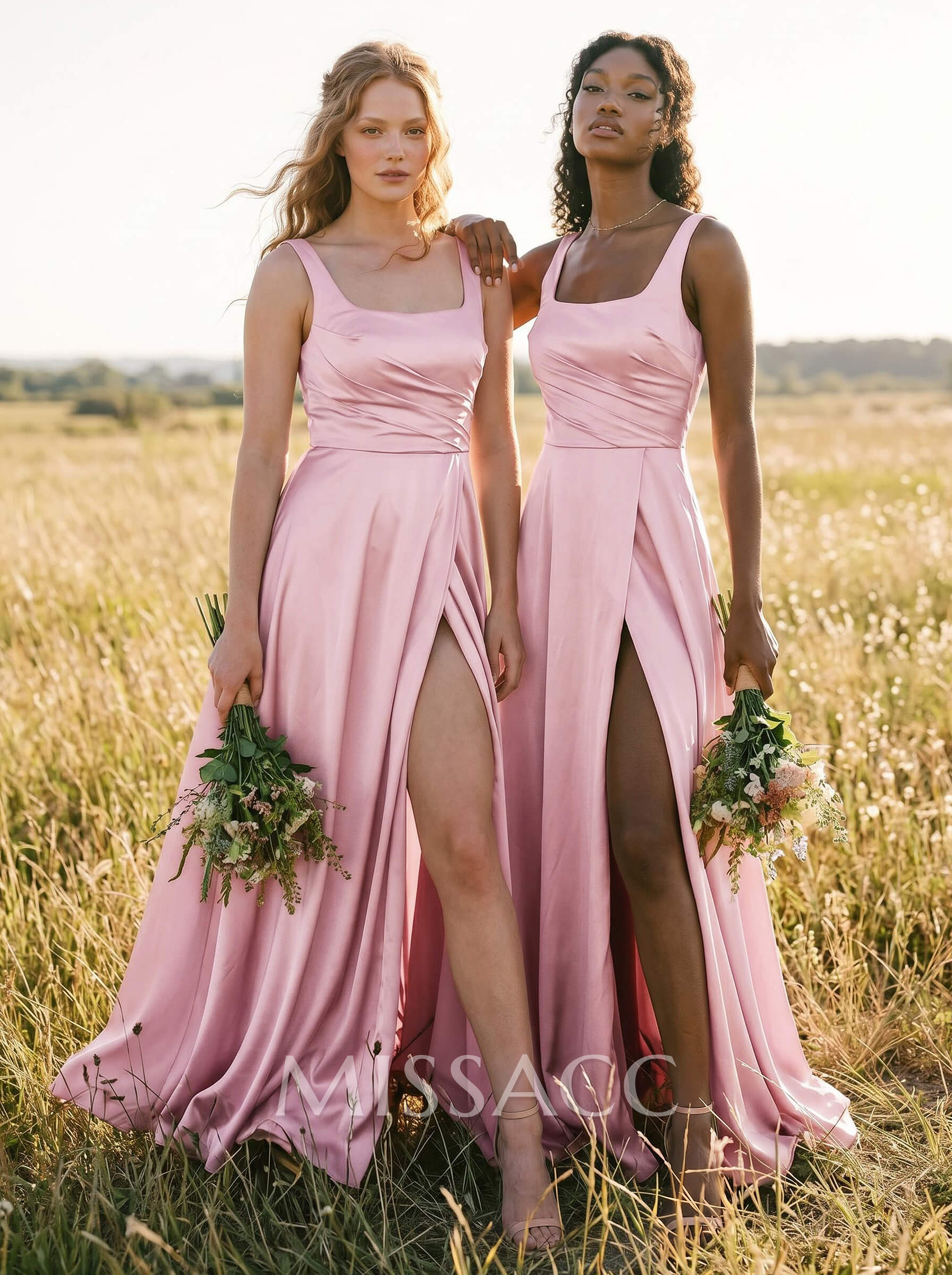 A-Line Square Neckline Silk Like Satin Bridesmaid Dresses With High Split A-Line Square Neckline Silk Like Satin Bridesmaid Dresses With High Split