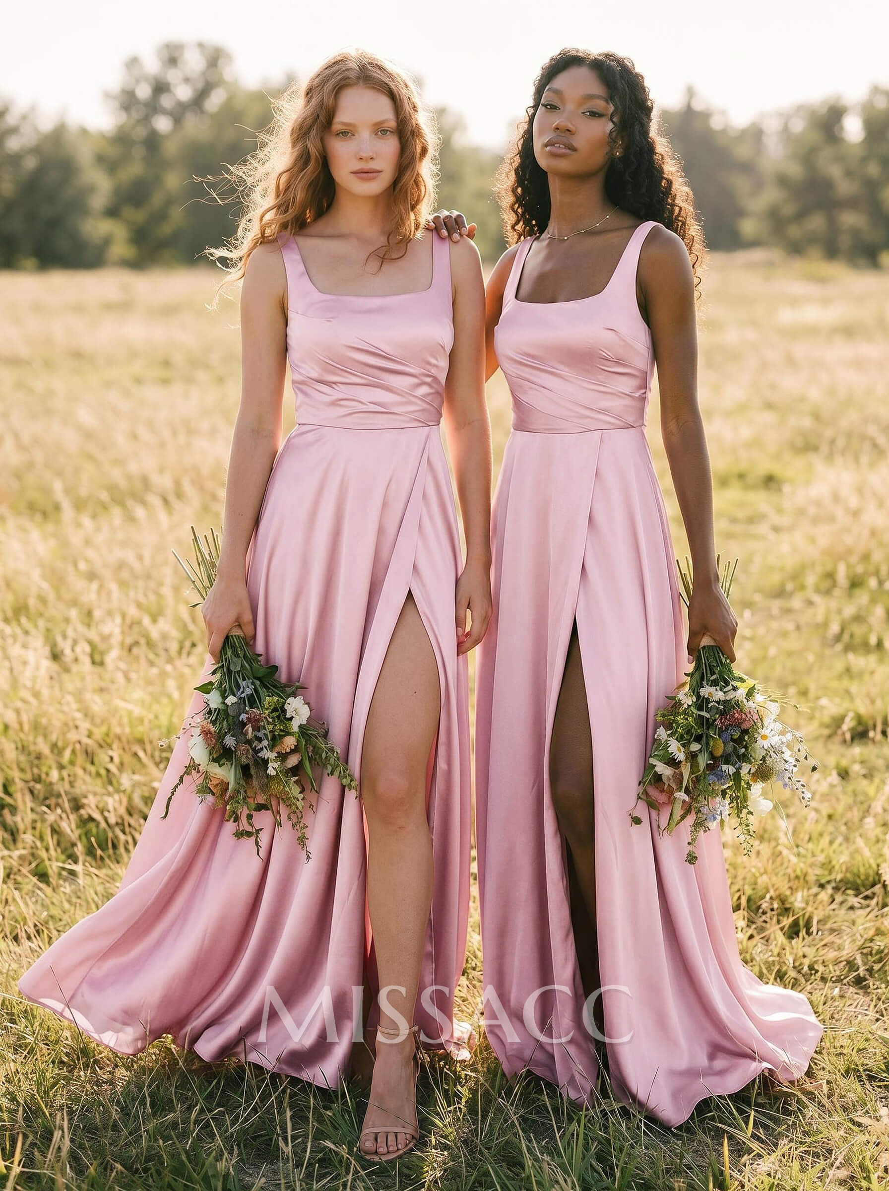 A-Line Square Neckline Silk Like Satin Bridesmaid Dresses With High Split A-Line Square Neckline Silk Like Satin Bridesmaid Dresses With High Split