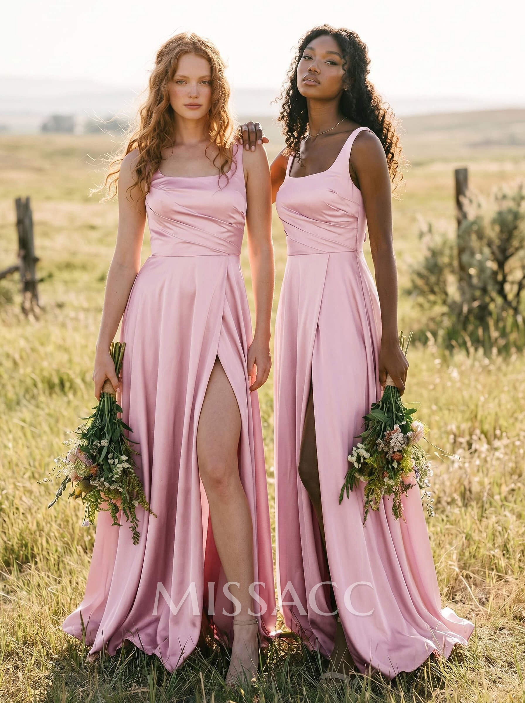 A-Line Square Neckline Silk Like Satin Bridesmaid Dresses With High Split A-Line Square Neckline Silk Like Satin Bridesmaid Dresses With High Split