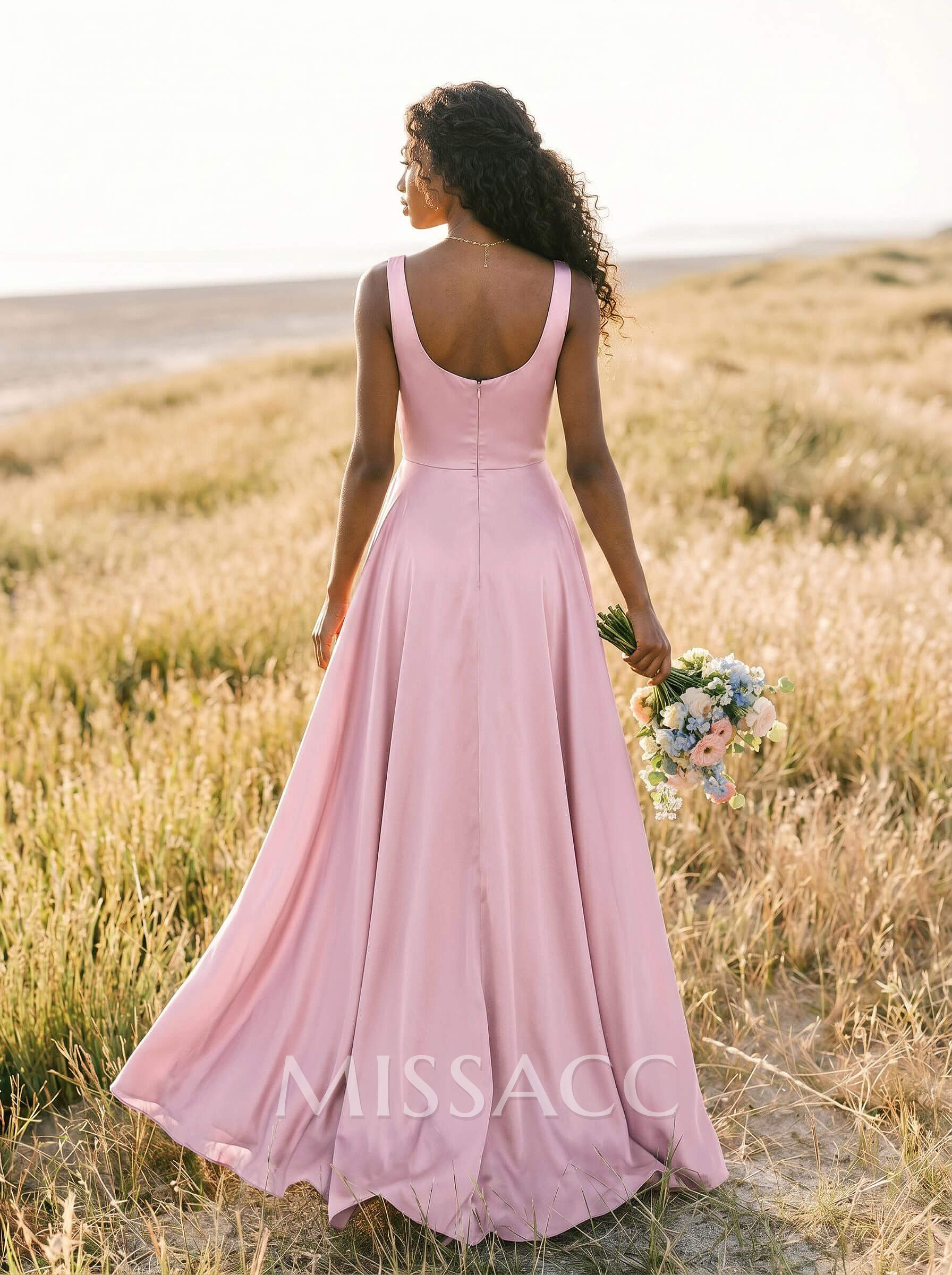 A-Line Square Neckline Silk Like Satin Bridesmaid Dresses With High Split A-Line Square Neckline Silk Like Satin Bridesmaid Dresses With High Split