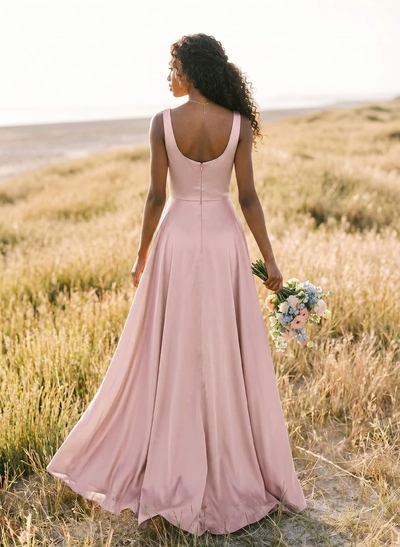 A-Line Square Neckline Silk Like Satin Bridesmaid Dresses With High Split