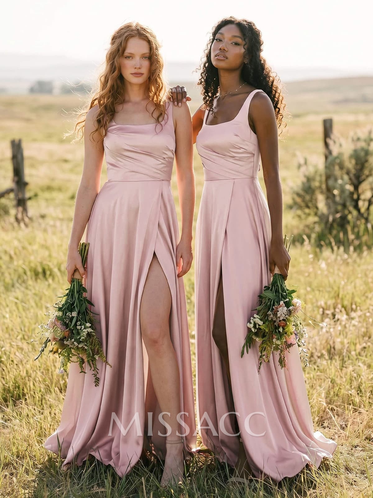 A-Line Square Neckline Silk Like Satin Bridesmaid Dresses With High Split