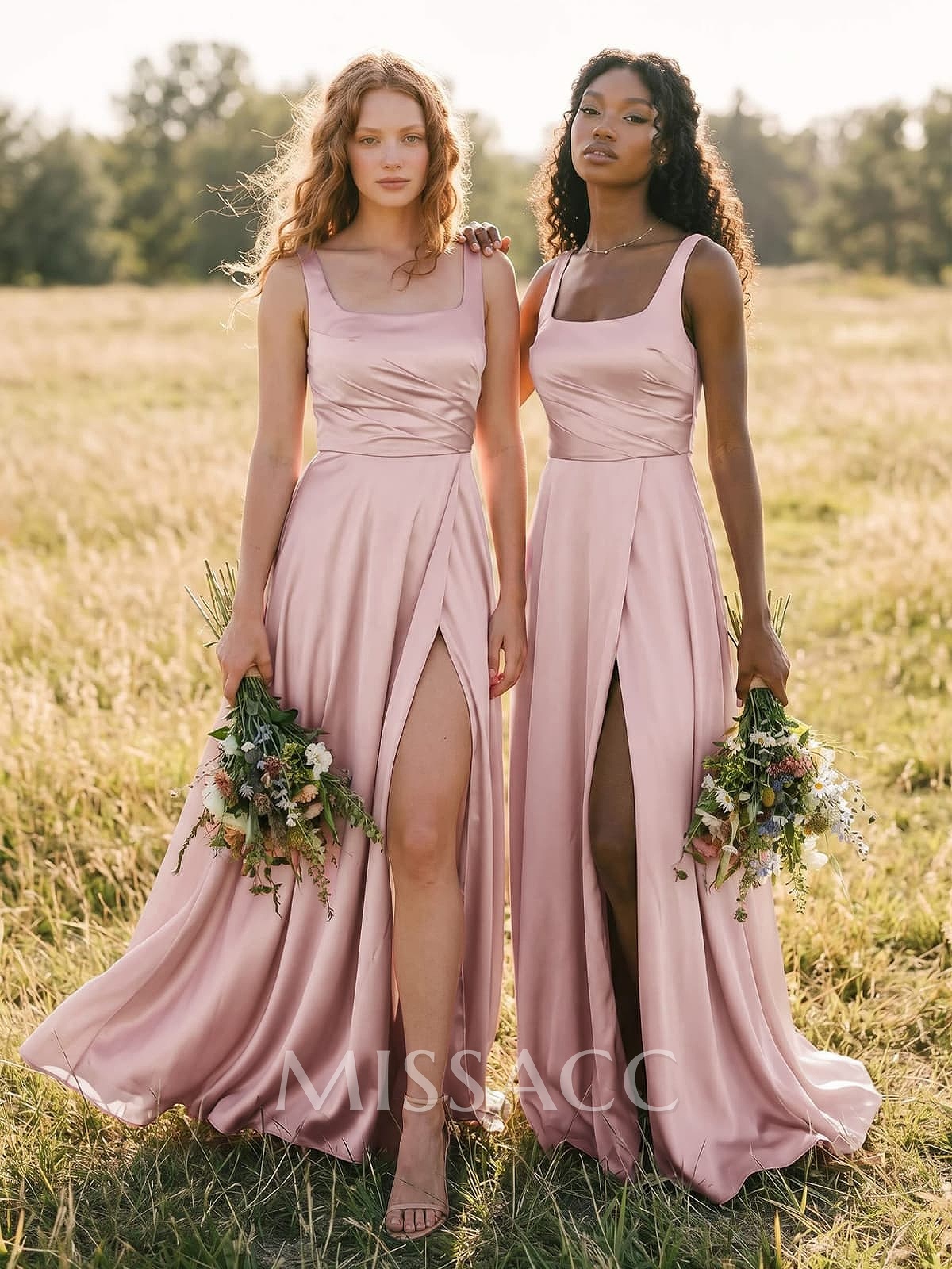 A-Line Square Neckline Silk Like Satin Bridesmaid Dresses With High Split