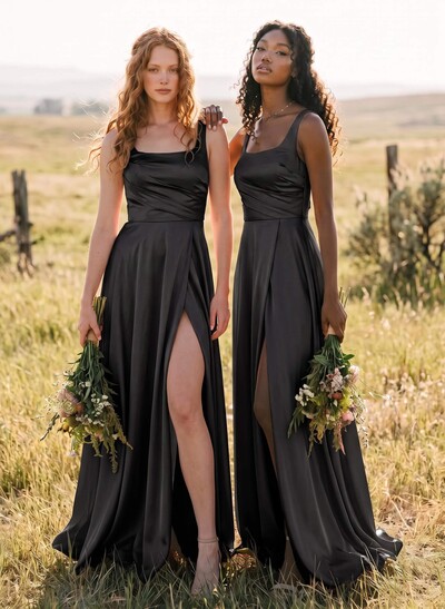 A-Line Square Neckline Silk Like Satin Bridesmaid Dresses With High Split