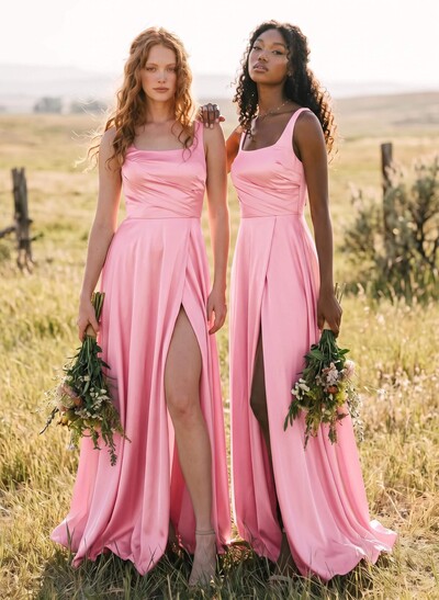 A-Line Square Neckline Silk Like Satin Bridesmaid Dresses With High Split