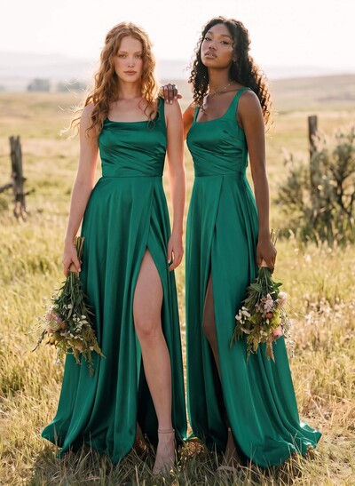 A-Line Square Neckline Silk Like Satin Bridesmaid Dresses With High Split