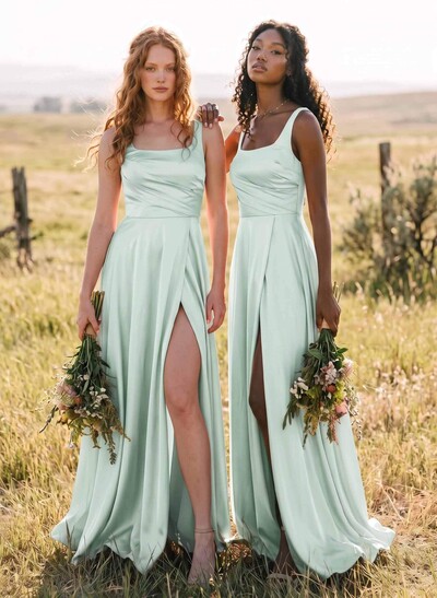 A-Line Square Neckline Silk Like Satin Bridesmaid Dresses With High Split