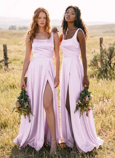 A-Line Square Neck Silky Satin Bridesmaid Dresses With High Split