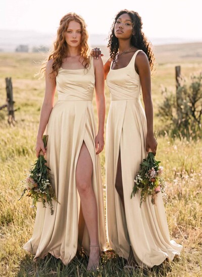 A-Line Square Neck Silky Satin Bridesmaid Dresses With High Split
