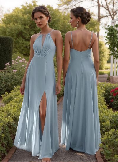 A-Line Halter Sleeveless Floor-Length Bridesmaid Dresses With High Split