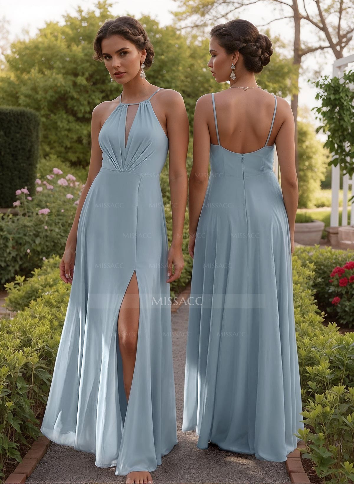 A-Line Halter Sleeveless Floor-Length Bridesmaid Dresses With High Split