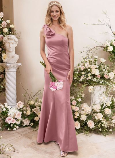 Trumpet/Mermaid One-Shoulder Satin Bridesmaid Dresses With Bow(s)