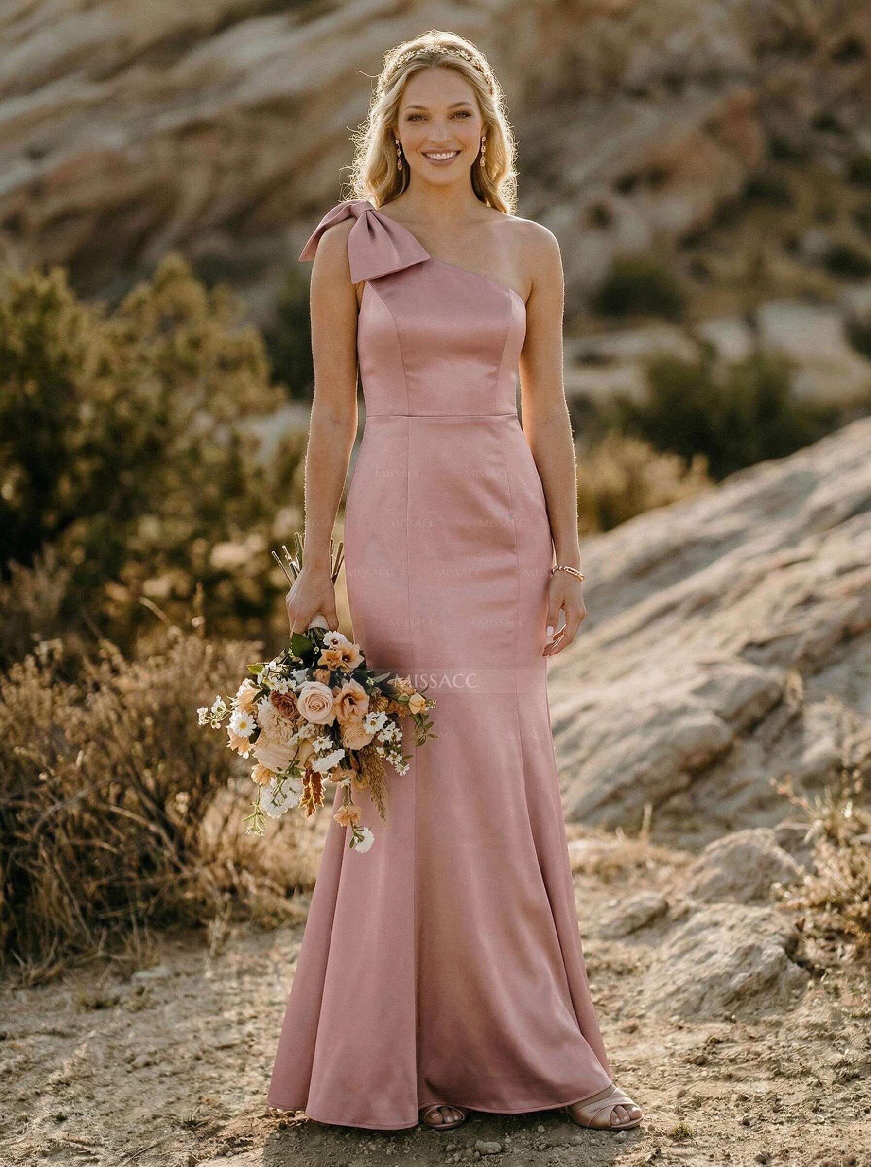 Trumpet/Mermaid One-Shoulder Satin Bridesmaid Dresses With Bow(s)