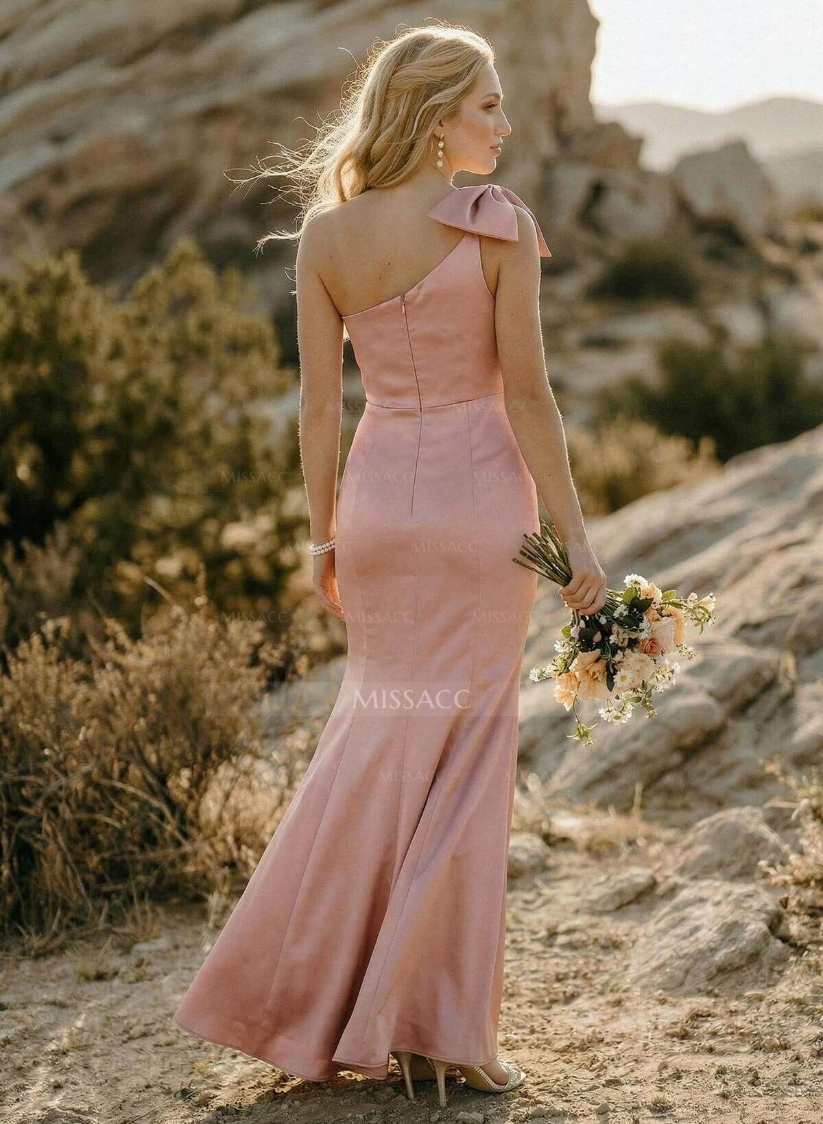 Trumpet/Mermaid One-Shoulder Satin Bridesmaid Dresses With Bow(s)