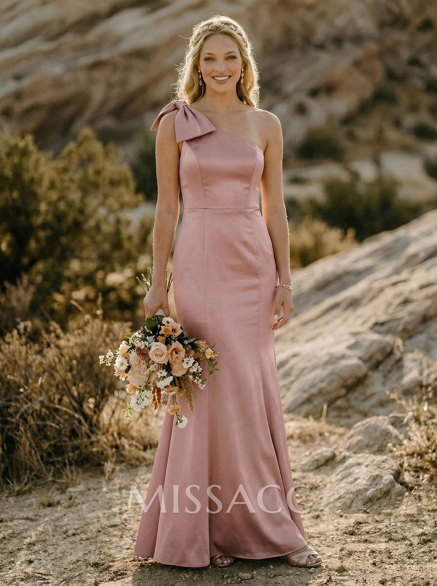 Trumpet/Mermaid One-Shoulder Satin Bridesmaid Dresses With Bow(s) Trumpet/Mermaid One-Shoulder Satin Bridesmaid Dresses With Bow(s)