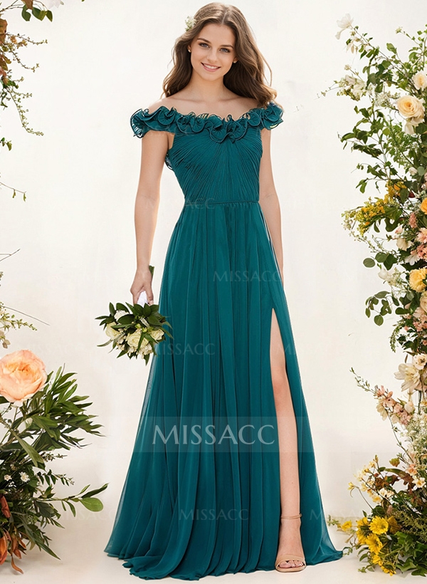 A-Line Off-The-Shoulder Sleeveless Chiffon Bridesmaid Dresses With Flower(s)