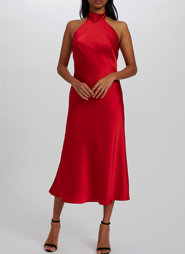 A-Line Halter Sleeveless Tea-Length Silk Like Satin Bridesmaid Dresses