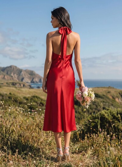 A-Line Halter Sleeveless Tea-Length Silk Like Satin Bridesmaid Dresses