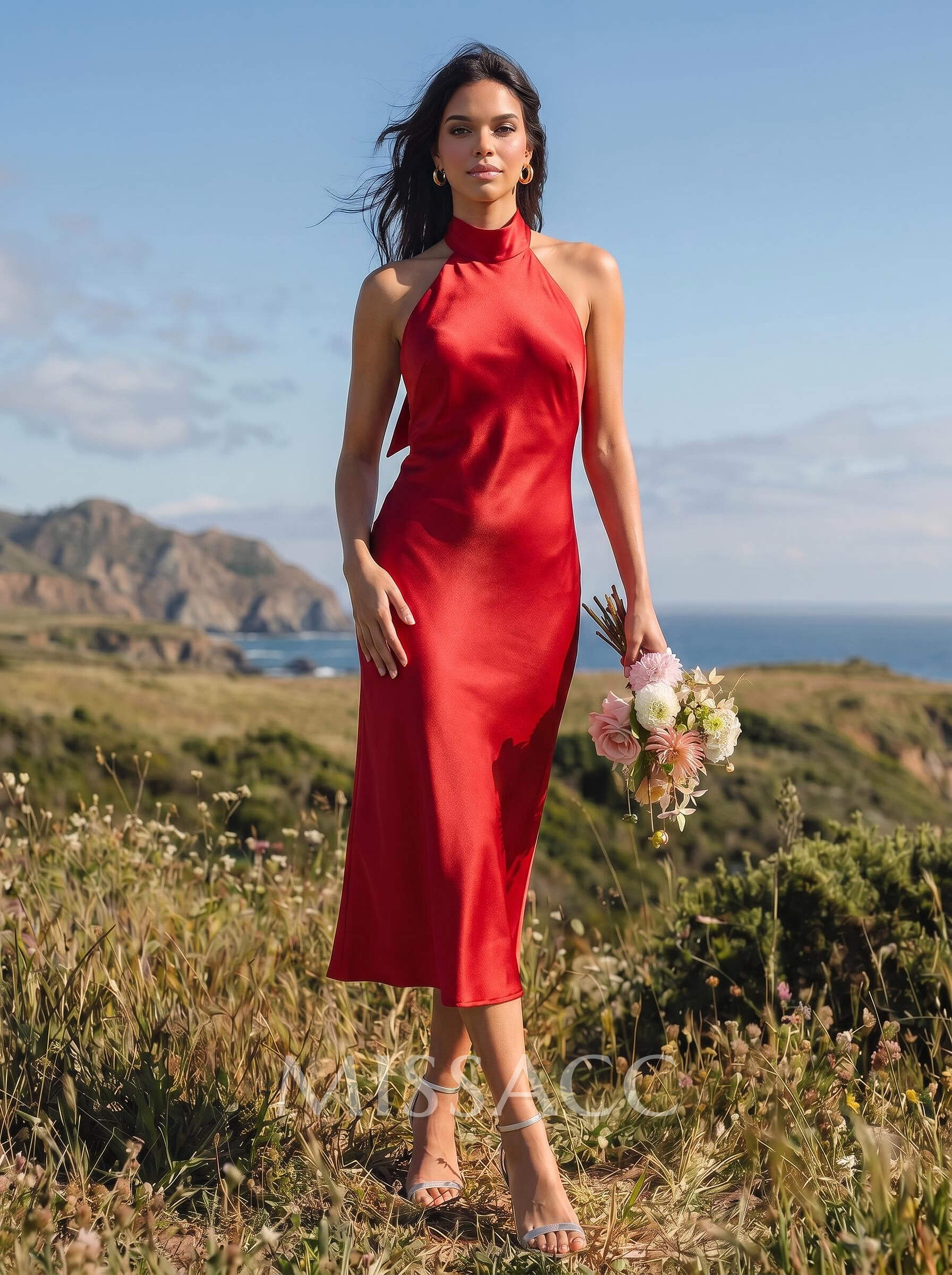 A-Line Halter Sleeveless Tea-Length Silky Satin Bridesmaid Dresses