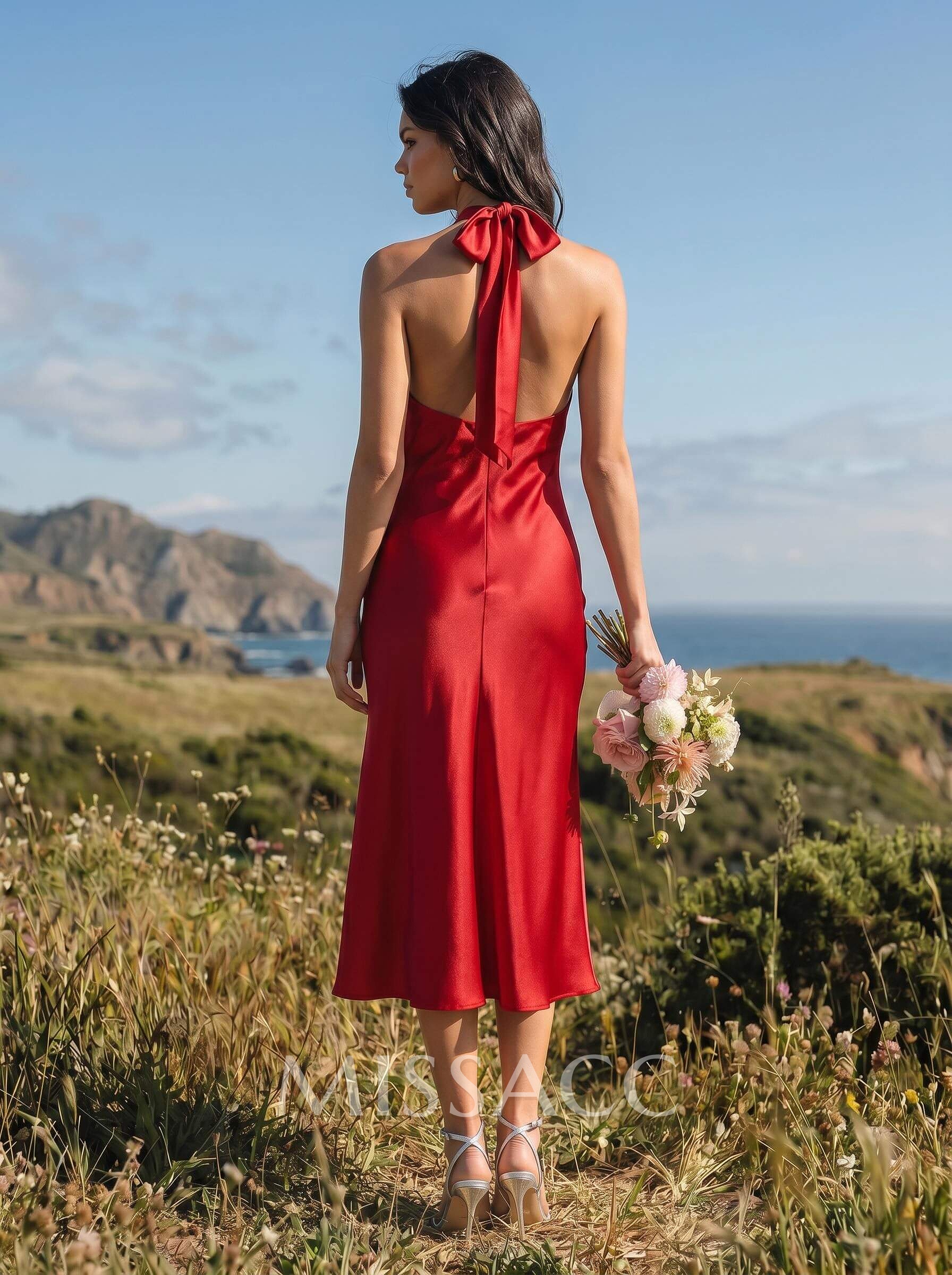 A-Line Halter Sleeveless Tea-Length Silky Satin Bridesmaid Dresses