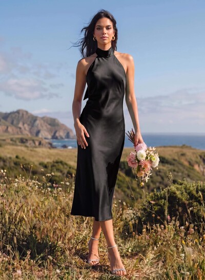 A-Line Halter Sleeveless Tea-Length Silk Like Satin Bridesmaid Dresses