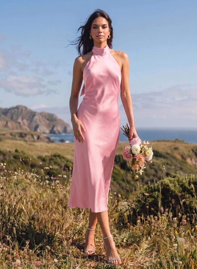 A-Line Halter Sleeveless Tea-Length Silk Like Satin Bridesmaid Dresses