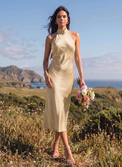 A-Line Halter Sleeveless Midi Silky Satin Bridesmaid Dresses