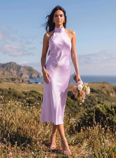 A-Line Halter Sleeveless Tea-Length Silky Satin Bridesmaid Dresses