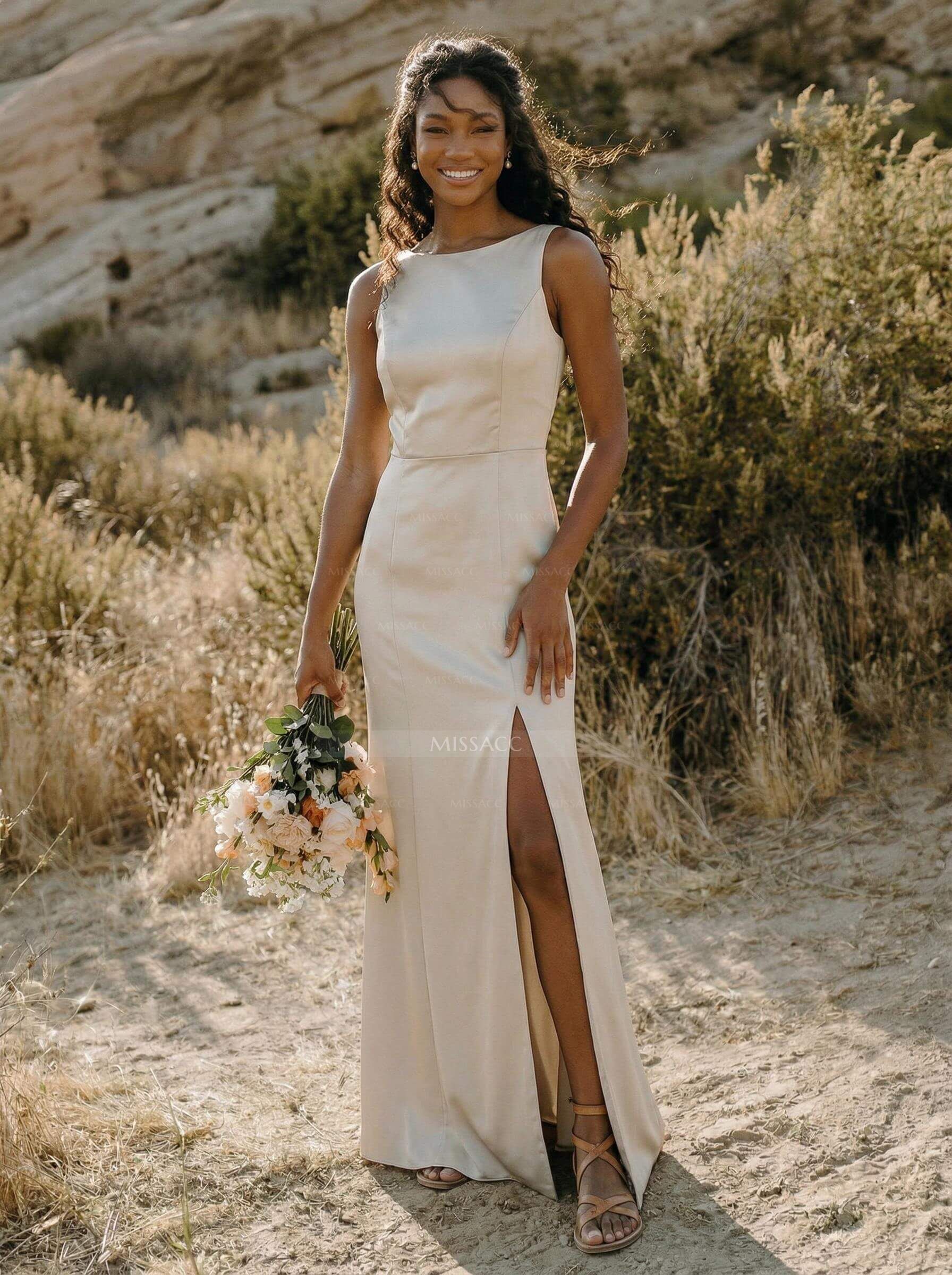 Sheath/Column Scoop Neck Silk Like Satin Bridesmaid Dresses With Split Front