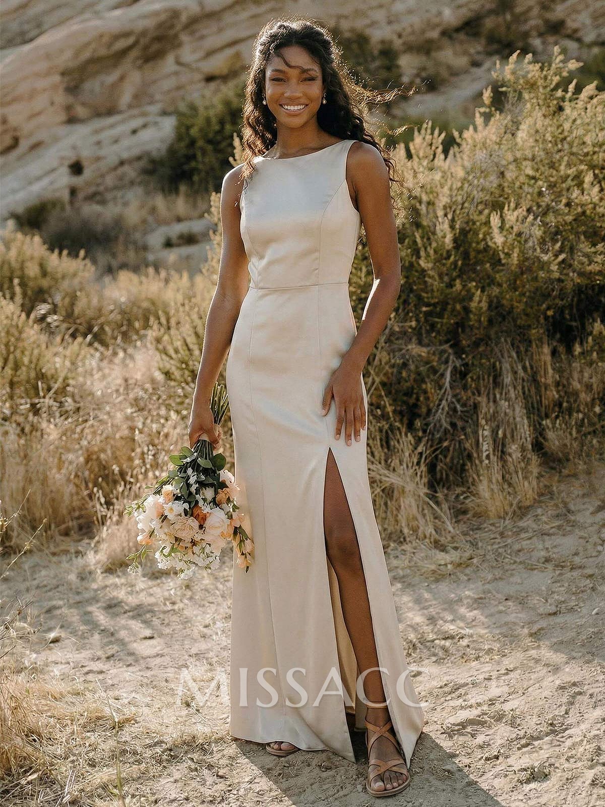 Sheath/Column Scoop Neck Silk Like Satin Bridesmaid Dresses With Split Front