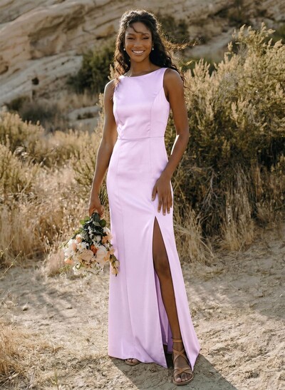 Sheath/Column Scoop Neck Silk Like Satin Bridesmaid Dresses With Split Front