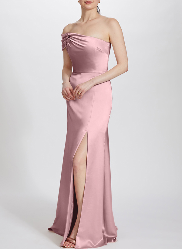Sheath/Column One-Shoulder Silk Like Satin Bridesmaid Dresses With Split Front