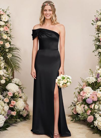 Sheath/Column One-Shoulder Silk Like Satin Bridesmaid Dresses With Split Front