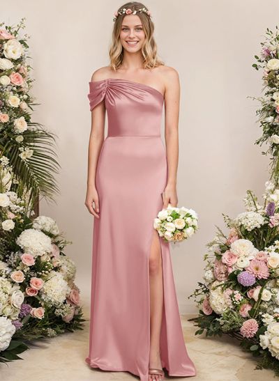 Sheath/Column One-Shoulder Silk Like Satin Bridesmaid Dresses With Split Front