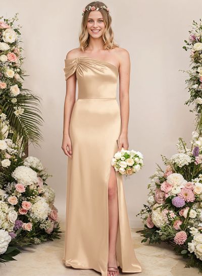 Sheath/Column One-Shoulder Silk Like Satin Bridesmaid Dresses With Split Front