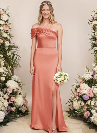 Sheath/Column One-Shoulder Silk Like Satin Bridesmaid Dresses With Split Front