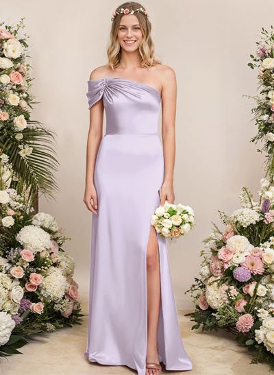 Sheath/Column One-Shoulder Silk Like Satin Bridesmaid Dresses With Split Front