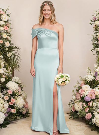 Sheath/Column One-Shoulder Silk Like Satin Bridesmaid Dresses With Split Front