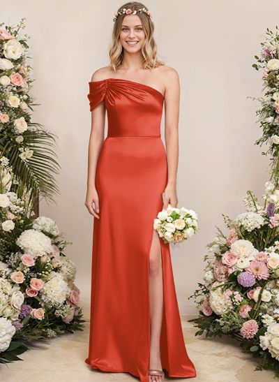 Sheath/Column One-Shoulder Silk Like Satin Bridesmaid Dresses With Split Front