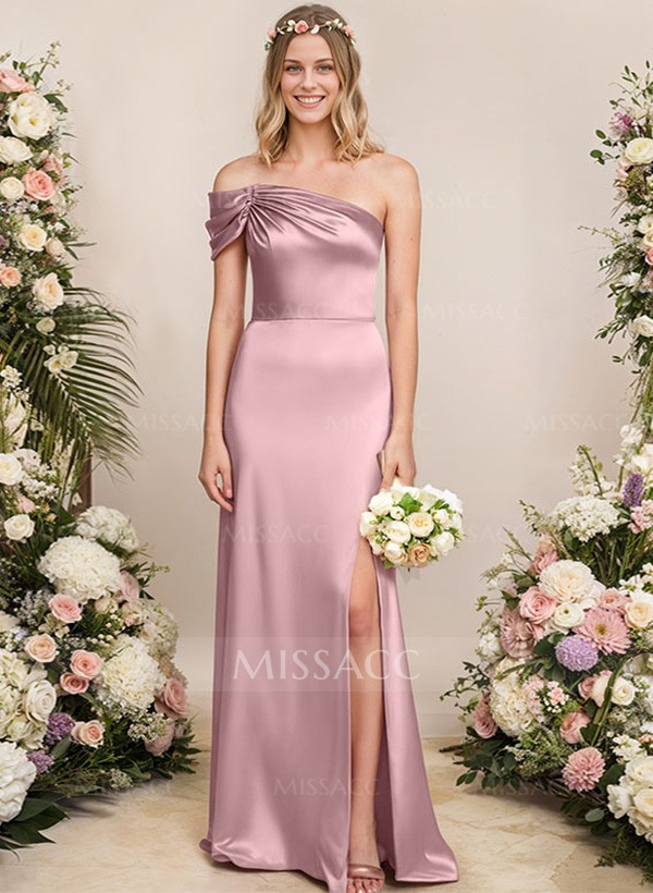 Sheath/Column One-Shoulder Silk Like Satin Bridesmaid Dresses With Split Front