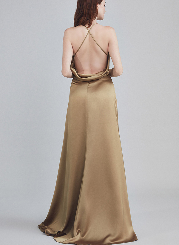 A-Line Halter Sleeveless Silk Like Satin Bridesmaid Dresses With Back Hole