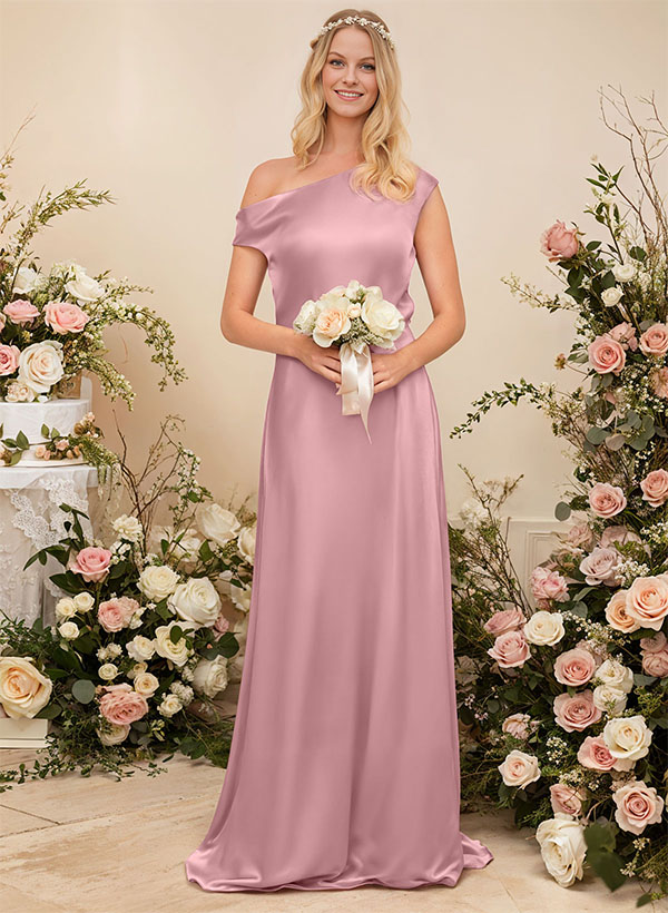 Sheath/Column One-Shoulder Sleeveless Silk Like Satin Bridesmaid Dresses