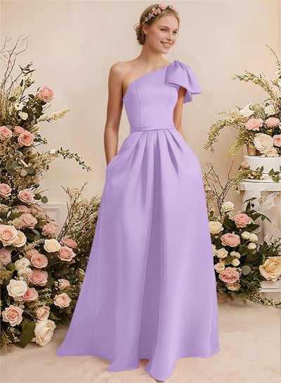 A-Line One-Shoulder Sleeveless Satin Bridesmaid Dresses With Bow(s)/Pockets