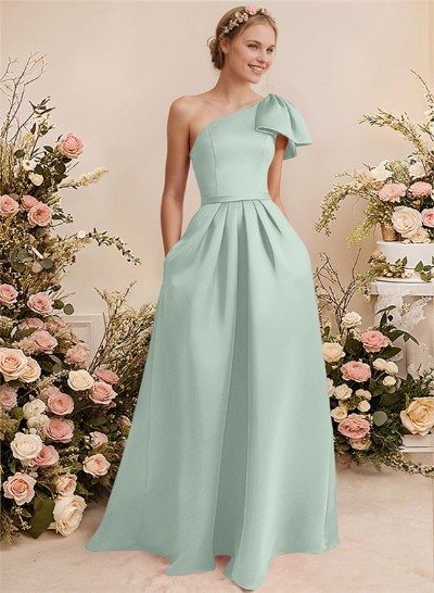 A-Line One-Shoulder Sleeveless Satin Bridesmaid Dresses With Bow(s)/Pockets